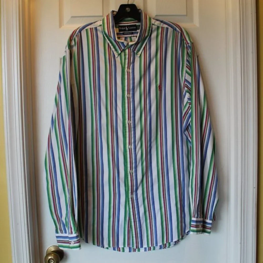 Ralph Lauren Classic Fit White Multi Colored Stripe LS Shirt Size XL 17